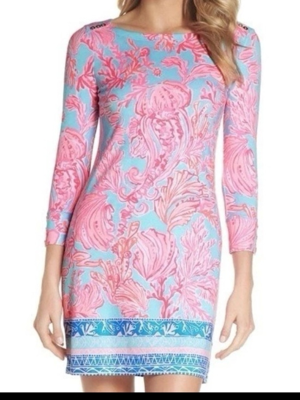 Lilly Pulitzer Pink & Aqua Floral Boatneck Mini Dress